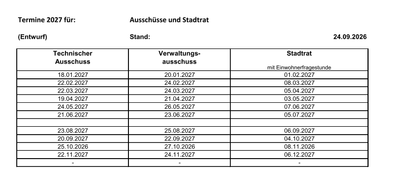 Sitzungstermine Stadtrat Niesky 2027